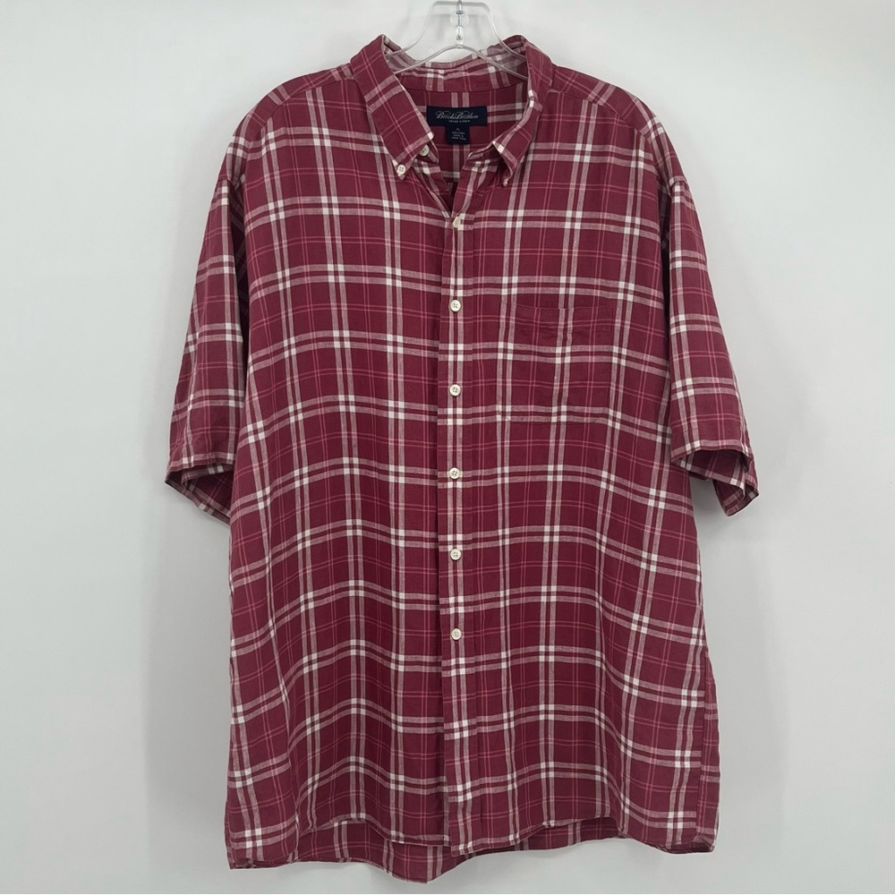 Brooks Brothers 100% Irish Linen Red Plaid Button Down Shirt